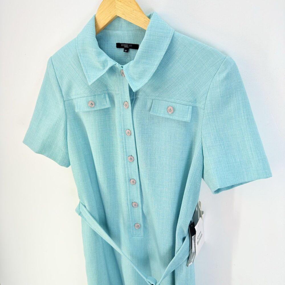 Henry Lee Dress Vintage Size 8P Aqua Blue Short Sleeve Midi Sheath Belted - Picture 2 of 13